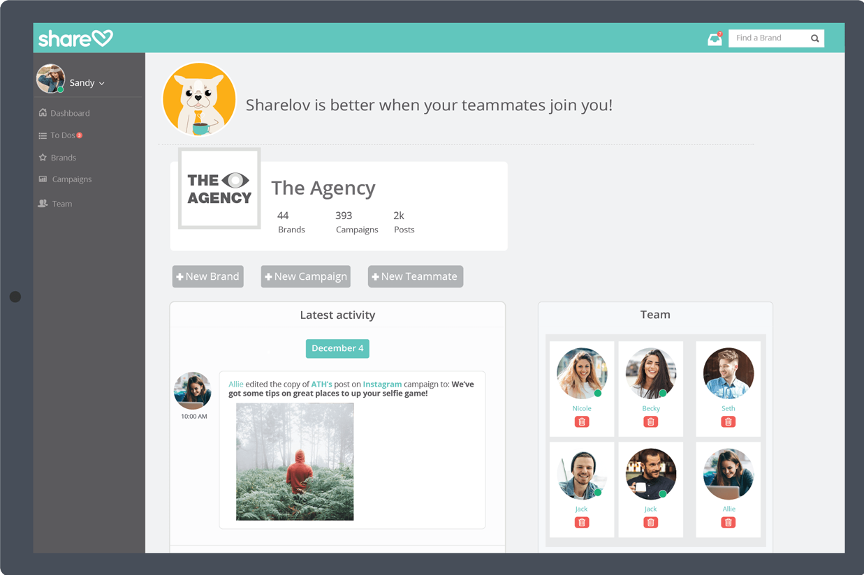 Sharelov's marketing collaboration dashboard
